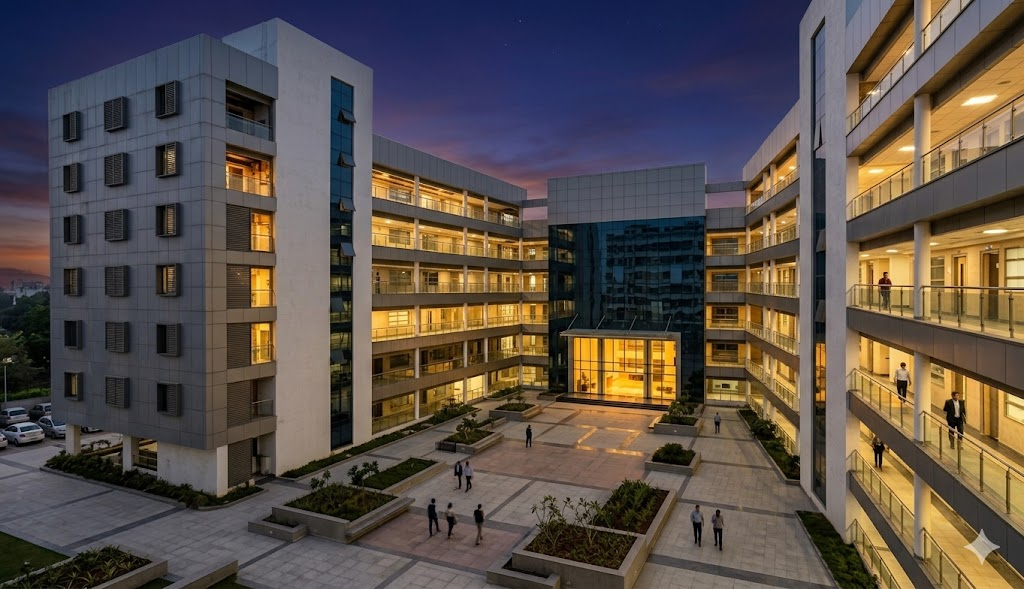 NMIMS Hyderabad campus at dusk